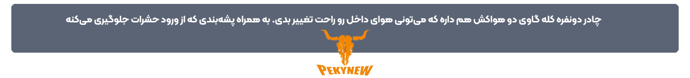 چادر دونفره کله گاوی دو هواکش هم داره که می‌تونی هوای داخل رو راحت تغییر بدی. به همراه پشه‌بندی که از ورود حشرات جلوگیری می‌کنه